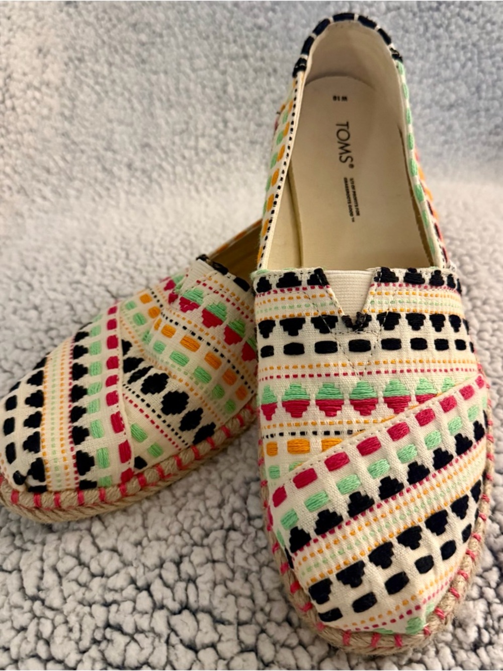 Toms Cream Espadrille Slip-On with Multicolor Embroidered Pattern